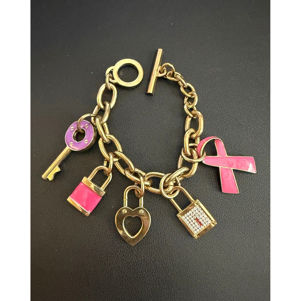Charm Bracelet Gold Pink Awareness Ribbon Enamel Locks Heart Key Toggle Crystal